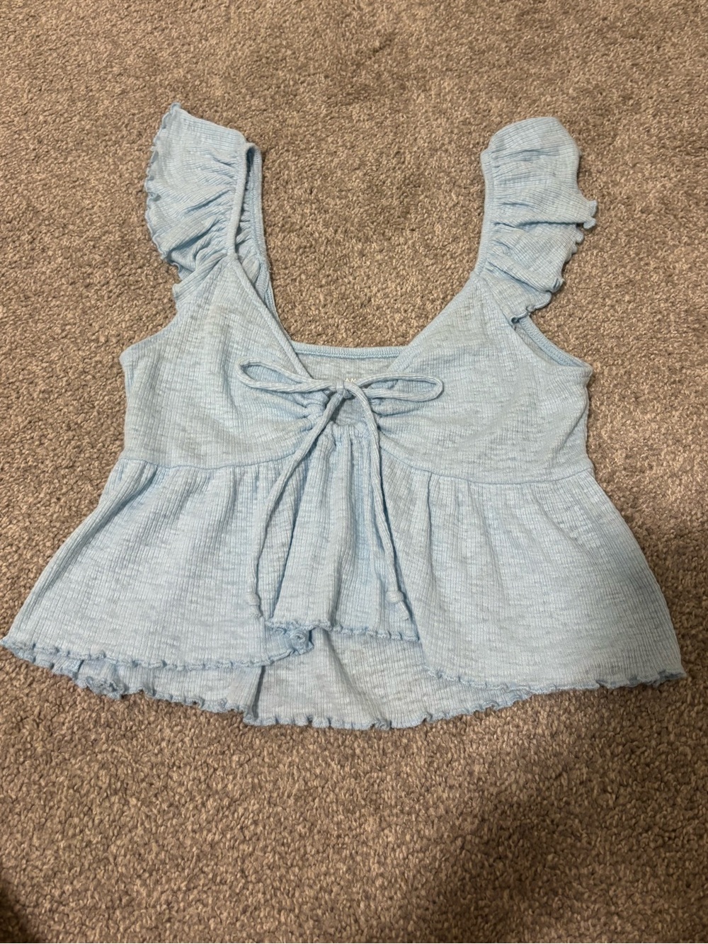 American Eagle Outfitters Sky Blue Tie-Front Ruffle Crop Top